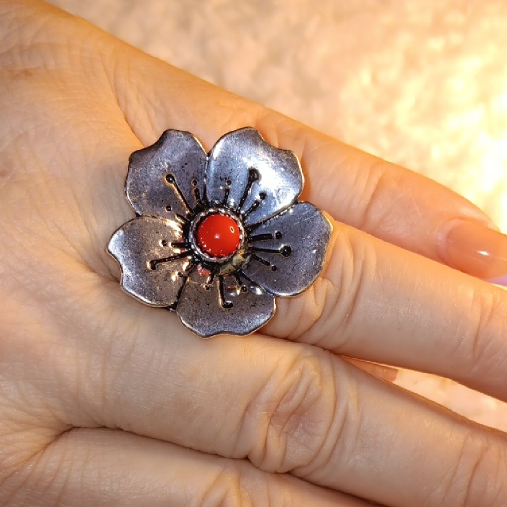 Silver and Red Floral Ring